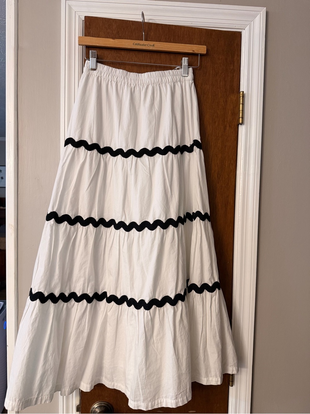Tiered White Maxi Skirt with Black Trim